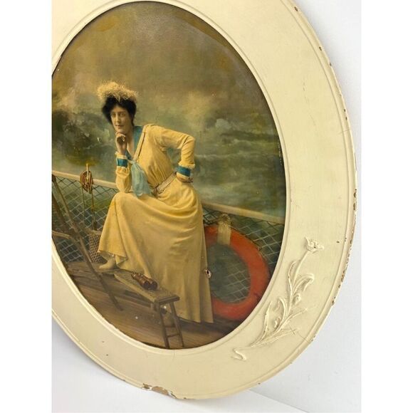 Antique Victorian Woman Photograph in Wooden Oval Embossed Floral Frame 26x22in - Picture 5 of 11